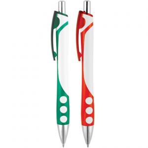 Бяла пластмасова химикалка с червена и зелена украса