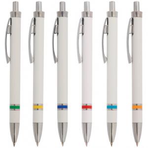 Бяла пластмасова химикалка с цветни пръстени