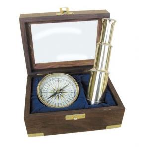 Морски комплект, телескоп и компас в дървена кутия